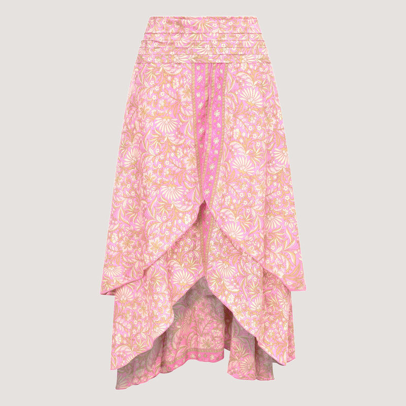 Pink floral print, double layered, recycled Indian sari silk 2-in-1 skirt dress designed by OMishka