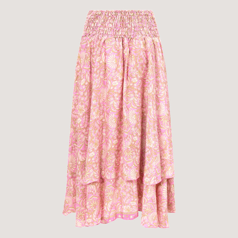 Pink floral patterned, double layered recycled Indian sari silk, strapless dress 2-in-1 skirt designed by OMishka