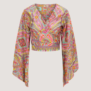 Pink and floral paisley print recycled Indian sari wrap top designed by OMishka