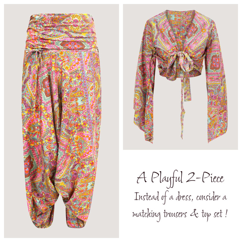 Pink floral paisley print, recycled Indian sari silk, matching wrap top and harem trousers designed by OMishka