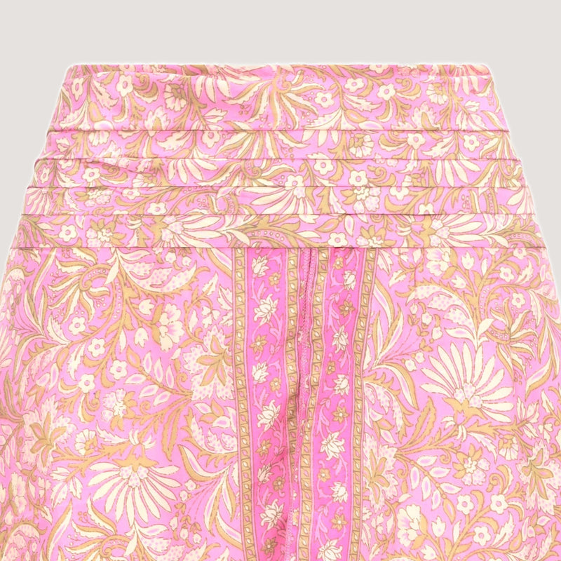 Pink floral print, double layered, recycled Indian sari silk skirt 2-in-1 dress designed by OMishka