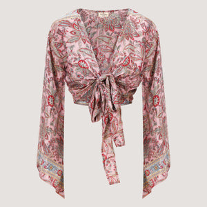 Pink and red floral print sari wrap top designed by OMishka