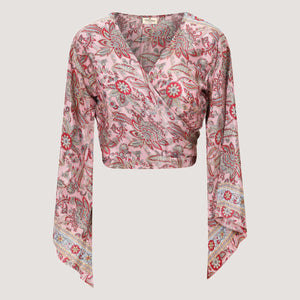 Pink and red floral print sari wrap top designed by OMishka