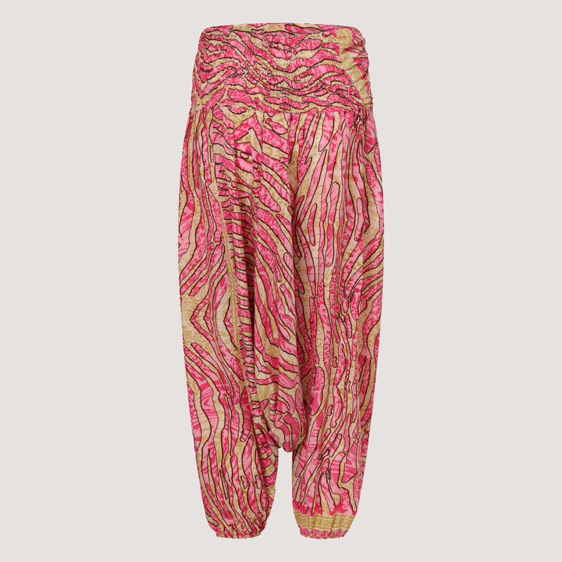 Pink and gold animal print, recycled Indian sari silk, strapless jumpsuit 2-in-1 harem trousers designed by OMishka