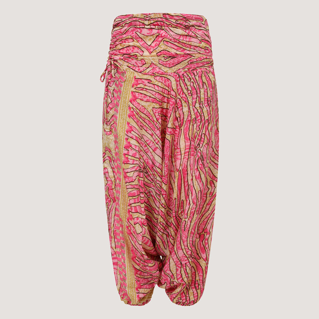 Pink and gold animal print, recycled Indian sari silk, harem trousers 2-in-1 bandeau jumpsuit designed by OMishka