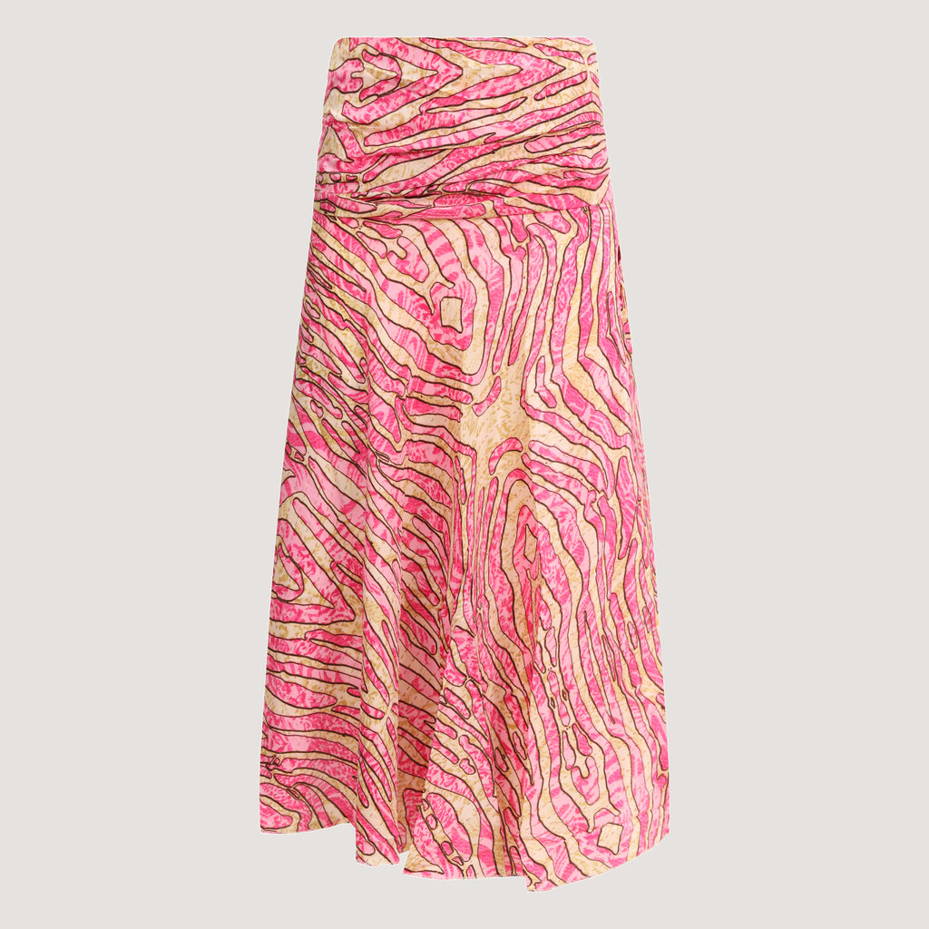 Pink and gold animal print, recycled Indian sari silk, 2-in-1 A-line skirt dress designed by OMishka