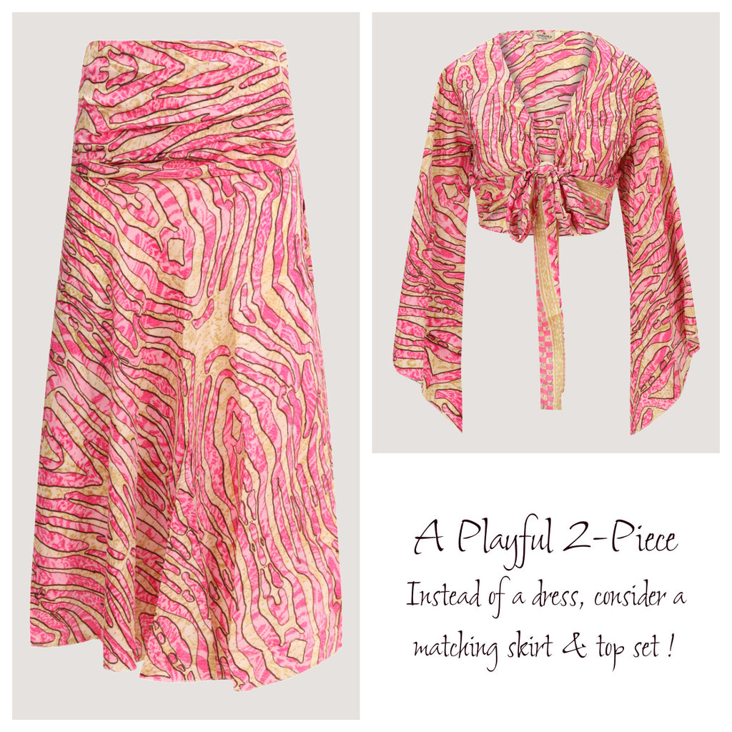 Pink and gold animal print striped, recycled Indian sari silk, matching wrap top and A-line skirt designed by OMishka