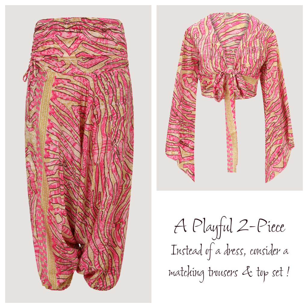 Pink and gold animal print, recycled Indian sari silk, matching wrap top and harem trousers designed by OMishka