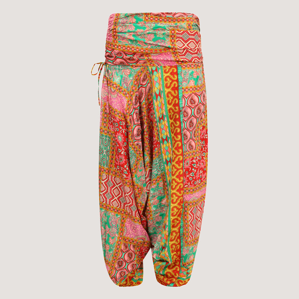 Pink and gold patchwork floral print, recycled Indian sari silk, harem trousers 2-in-1 bandeau jumpsuit designed by OMishka