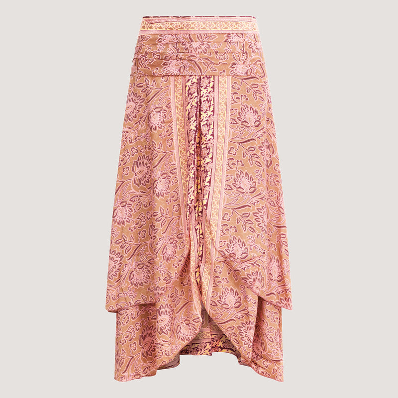 Pink lotus flower, double layered, recycled Indian sari silk 2-in-1 skirt dress designed by OMishka