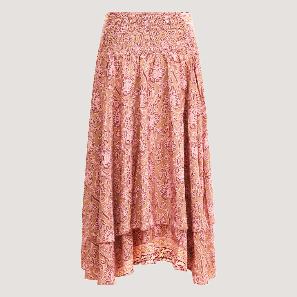Pink lotus flower patterned, double layered recycled Indian sari silk, strapless dress 2-in-1 skirt designed by OMishka