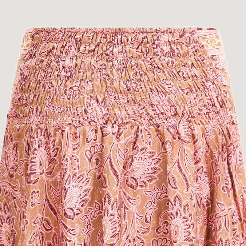 Pink lotus flower print, double layered, recycled Indian sari silk 2-in-1 skirt dress designed by OMishka