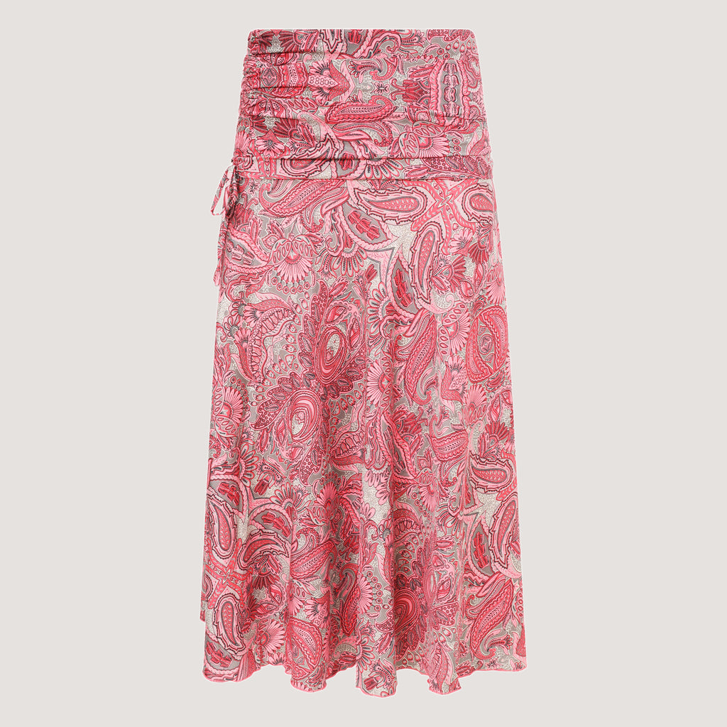 Pink floral paisley motif print, recycled Indian sari silk, 2-in-1 A-line skirt dress designed by OMishka