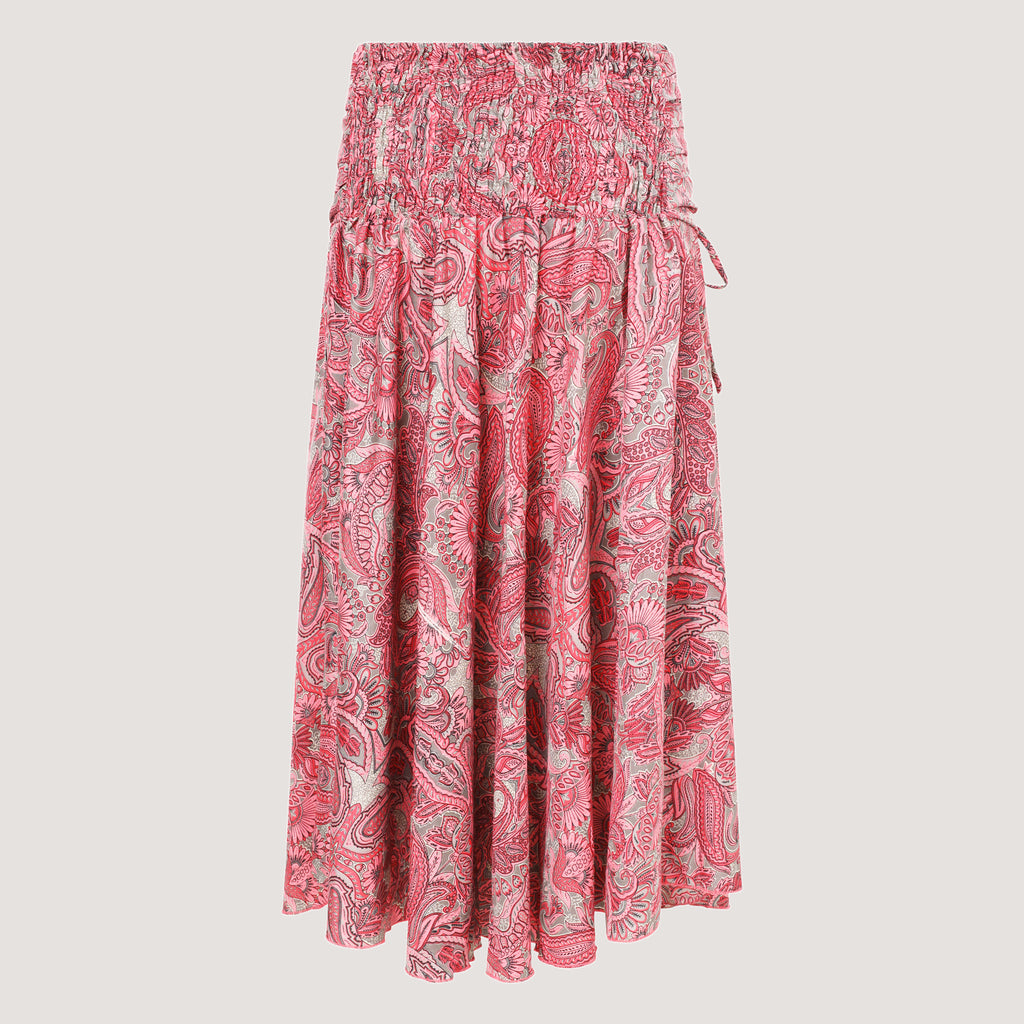 Pink floral paisley motif print, recycled Indian sari silk, strapless dress 2-in-1 A-line skirt designed by OMishka