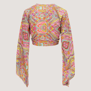 Pink and floral paisley print Indian sari wrap top designed by OMishka