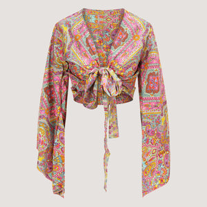 Pink and floral paisley print sari wrap top designed by OMishka