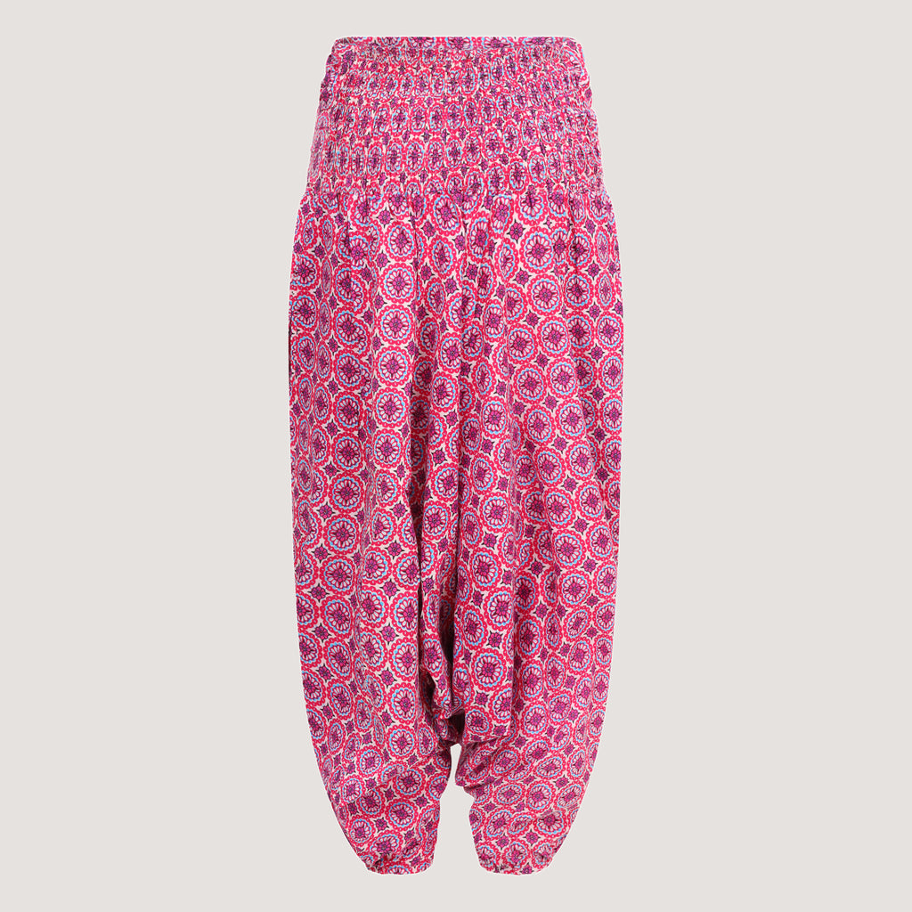 Pink retro flower bandeau jumpsuit 2-in-1 harem pants designed by OMishka