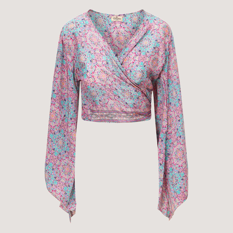 Pink and mint retro print sari wrap top designed by OMishka