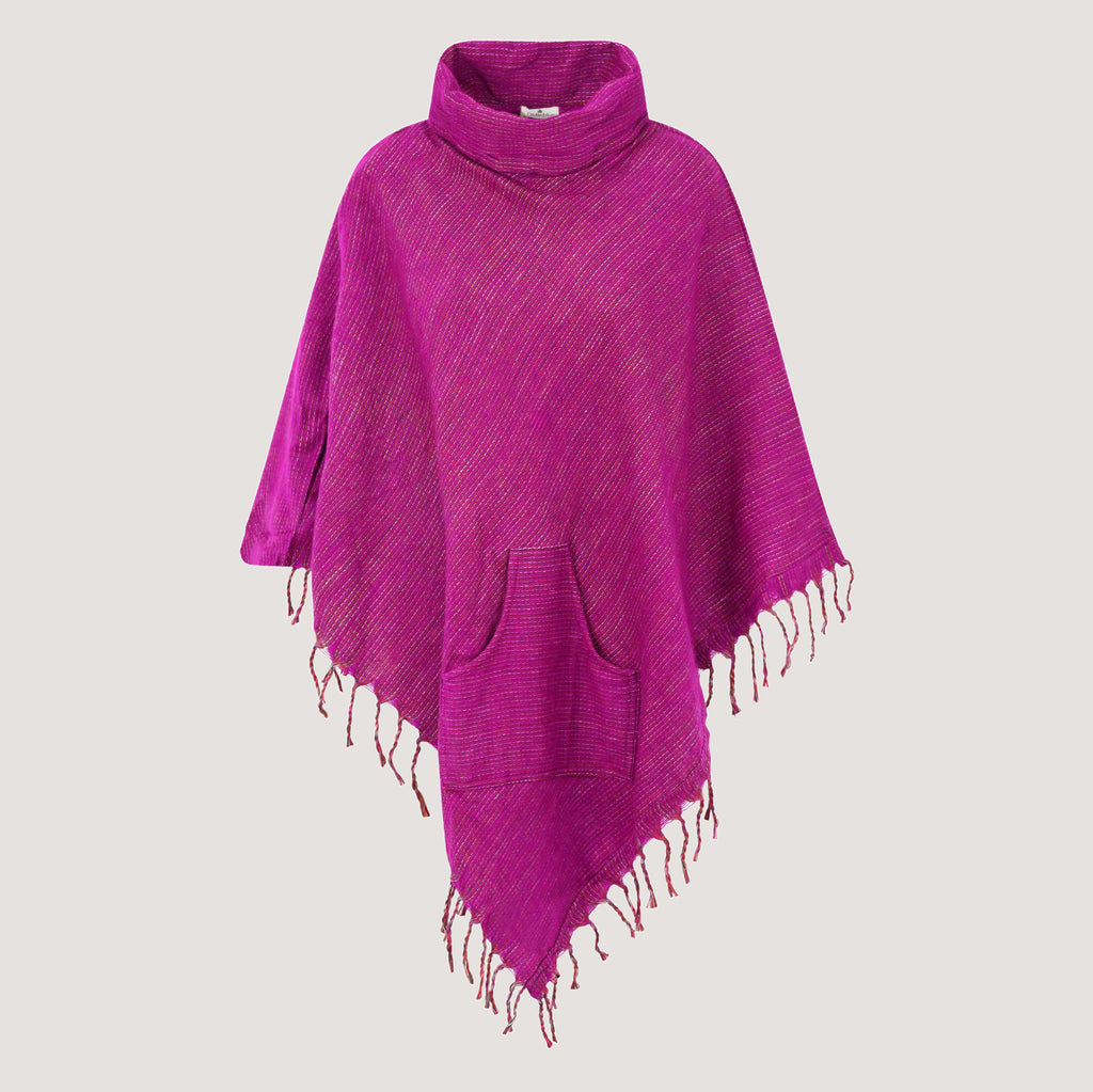 Pink roll neck, kantha embroidered, fringed poncho designed by OMishka
