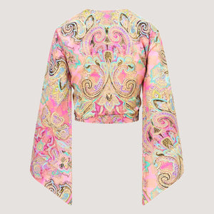 Pink swirl print Indian sari wrap top designed by OMishka