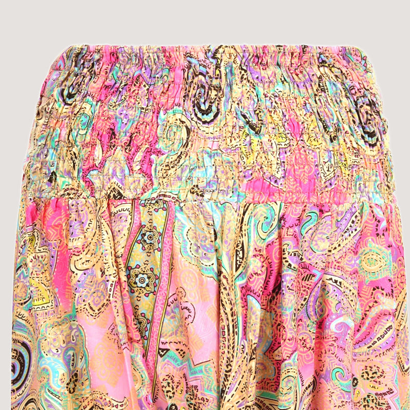 Pink swirl print, recycled Indian sari silk, 2-in-1 harem pants bandeau jumpsuit designed by OMishka