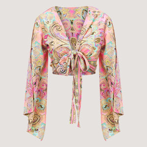 Pink swirl print sari wrap top designed by OMishka