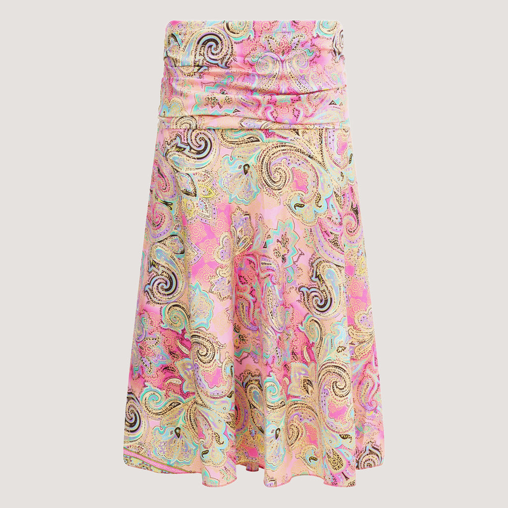 Pink floral swirl print, recycled Indian sari silk, 2-in-1 A-line skirt dress designed by OMishka