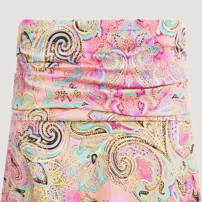 Pink floral swirl print, recycled Indian sari silk, A-line skirt 2-in-1 dress designed by OMishka