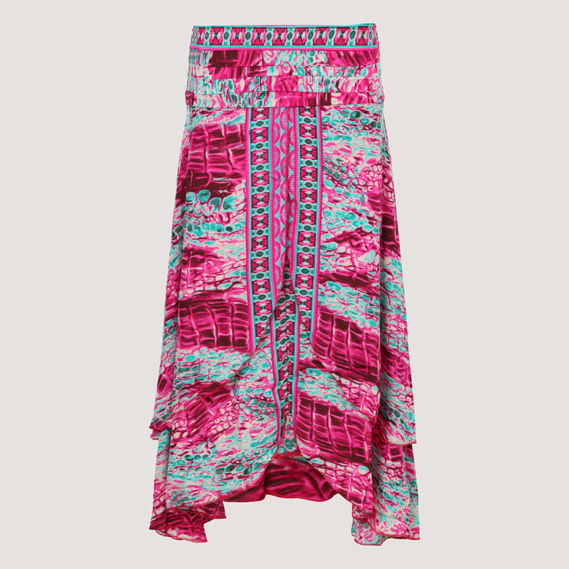 Pink & Teal Batik Layered Silk 2-in-1 Skirt Dress