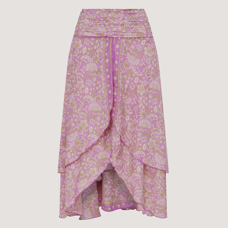 Purple floral print, double layered, recycled Indian sari silk 2-in-1 skirt dress designed by OMishka