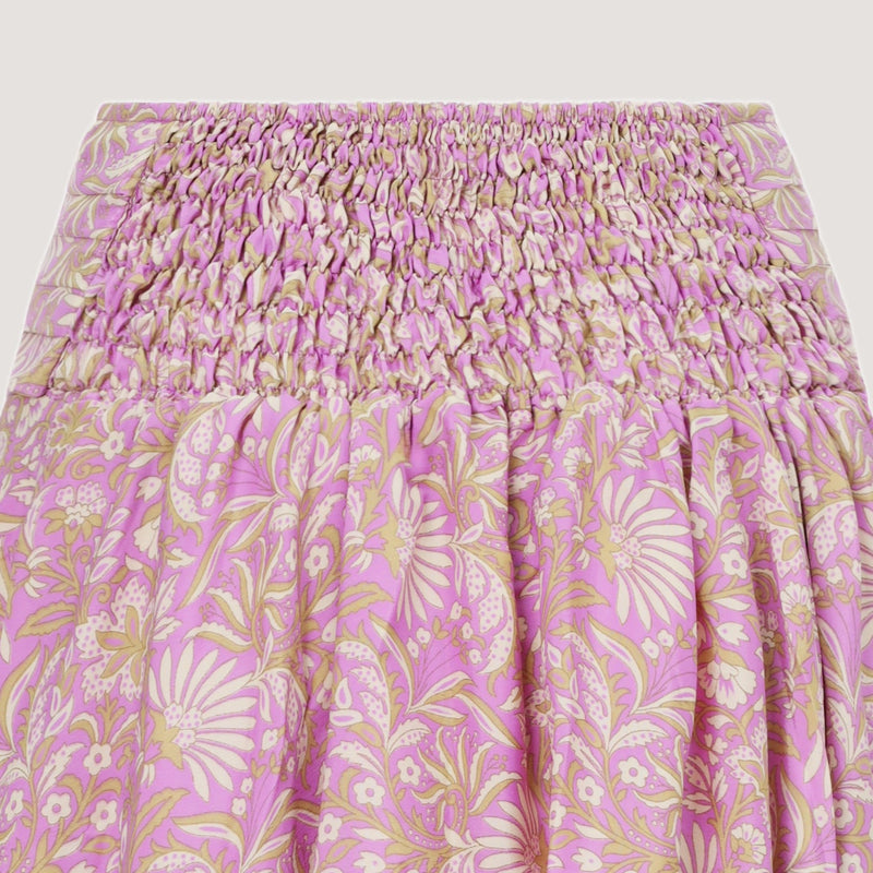 Purple floral print, double layered, recycled Indian sari silk 2-in-1 skirt dress designed by OMishka