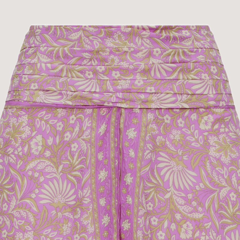 Purple floral print, double layered, recycled Indian sari silk skirt 2-in-1 dress designed by OMishka
