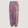 Purple and gold animal print, recycled Indian sari silk, strapless jumpsuit 2-in-1 harem trousers designed by OMishka