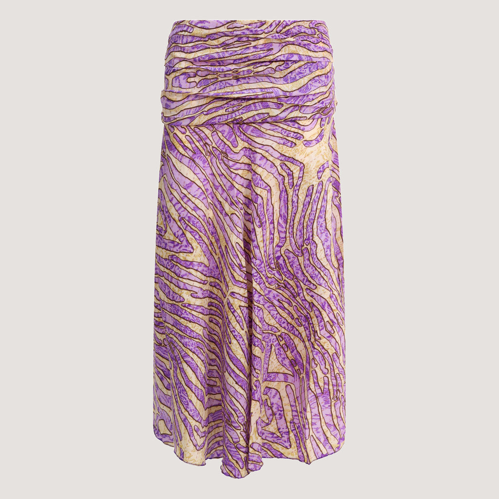 Purple and gold animal print, recycled Indian sari silk, 2-in-1 A-line skirt dress designed by OMishka