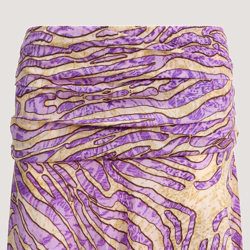 Purple and gold animal print, recycled Indian sari silk, A-line skirt 2-in-1 dress designed by OMishka