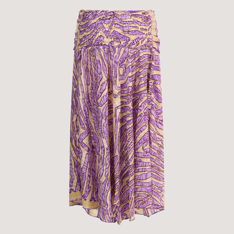 Purple and gold animal print, recycled Indian sari silk, strapless dress 2-in-1 A-line skirt designed by OMishka