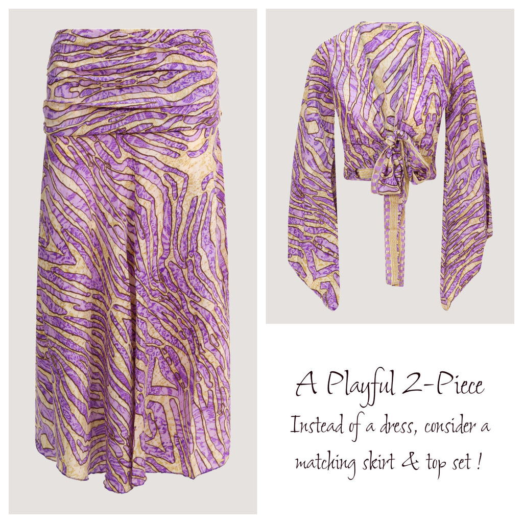 Purple and gold animal print striped, recycled Indian sari silk, matching wrap top and A-line skirt designed by OMishka