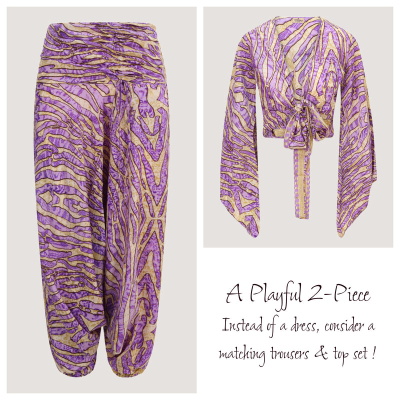 Purple and gold animal print, recycled Indian sari silk, matching wrap top and harem trousers designed by OMishka