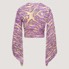 Purple and gold stripe animal print Indian sari wrap top designed by OMishka