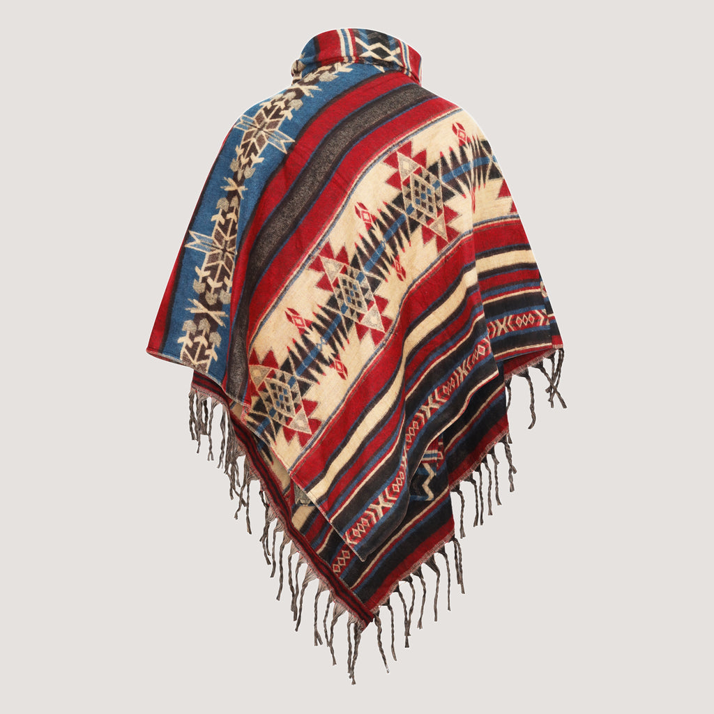 Red mix, cowl neck poncho featuring an Aztec pattern and a fringed hemline designed by OMishka