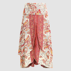 Red fire floral print, double layered, recycled Indian sari silk 2-in-1 skirt dress designed by OMishka