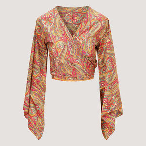 Red and floral swirl patterned print recycled Indian sari wrap top designed by OMishka