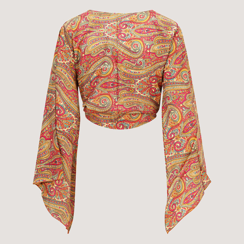 Red and floral swirl print recycled Indian sari wrap top designed by OMishka