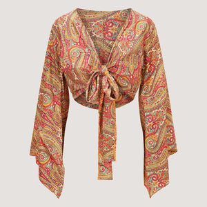 Red and floral swirl print sari wrap top designed by OMishka