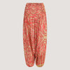 Red and gold animal print, recycled Indian sari silk, strapless jumpsuit 2-in-1 harem trousers designed by OMishka