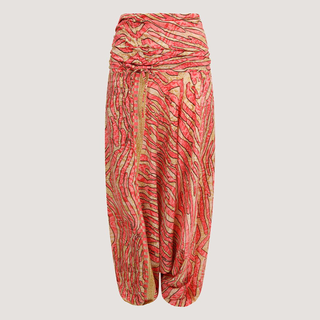 Red and gold animal print, recycled Indian sari silk, harem trousers 2-in-1 bandeau jumpsuit designed by OMishka