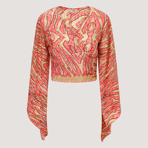 Red and gold stripe animal print sari wrap top designed by OMishka