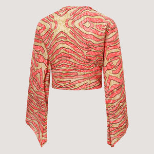 Red and gold stripe animal print Indian sari wrap top designed by OMishka