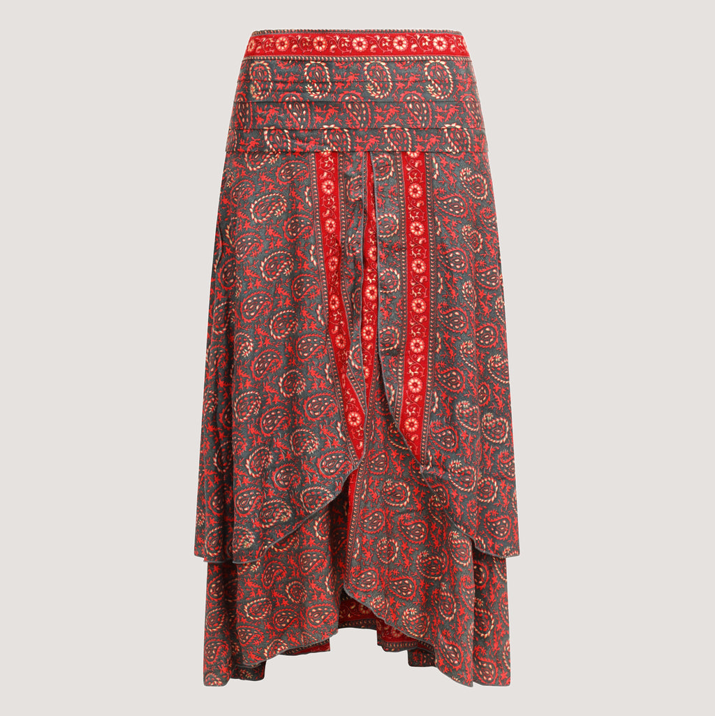 Red paisley, double layered, recycled Indian sari silk 2-in-1 skirt dress designed by OMishka