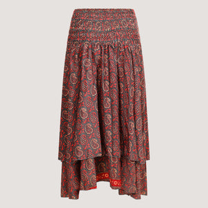 Red paisley patterned, double layered recycled Indian sari silk, strapless dress 2-in-1 skirt designed by OMishka